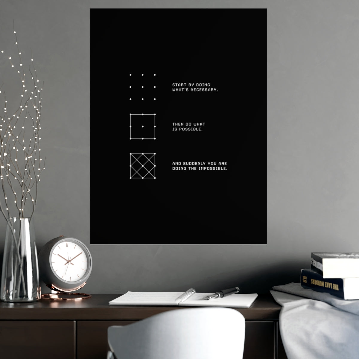 Necessary, Possible, Impossible poster in a stylish home office