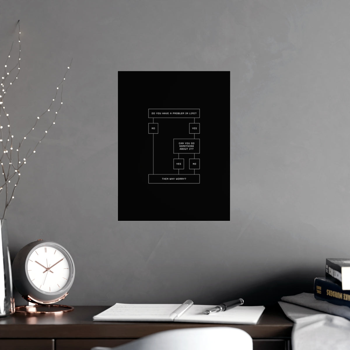 Why Worry poster (small size) in a stylish home office